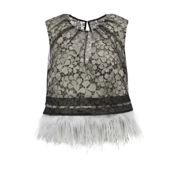 Self-Portrait Lace Tulle Overlay Top With Gray Feather Trim Size 4
